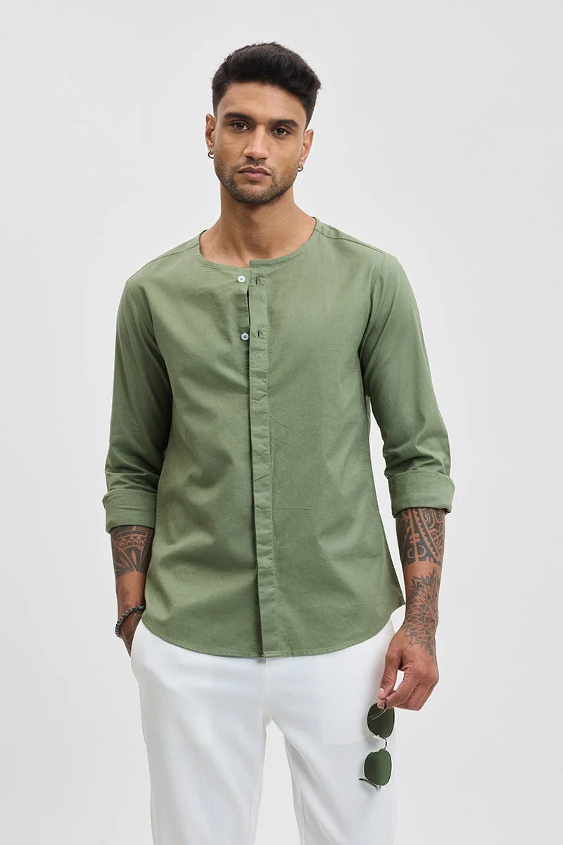 سنيتش Green Solid Long Sleeve Slim Fit Casual Shirt