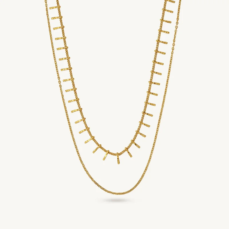 18K Gold Tone Plated Layered Fringe Bar Cascade Necklace For Women - Waterproof & Anti-Tarnish