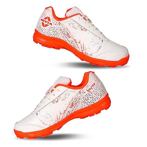 Nivia Bounce Cricket Shoes | Mesh & TPU Upper | Cushioned EVA Insole | Durable PVC Outsole | Cricket Shoes for Men | Lightweight| Sports Shoes (White/Orange) Size - UK-08 - Image 1