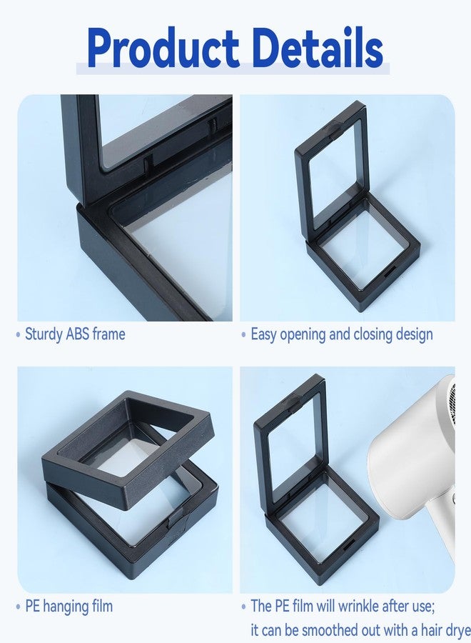 AOZUO 60 Pcs Black 3D Floating Display Case, Transparent PE Film Jewelry Storage Box with Base Challenge Coin Display Frame Holder Stand Bulk for AA Coin Medallion Shells Stamps Gem Collecting - Image 4