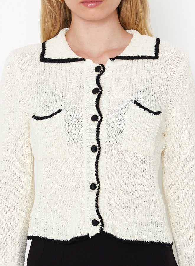trendyol Ecru Cotton Blend Crop/Short Knitwear Cardigan - Image 4