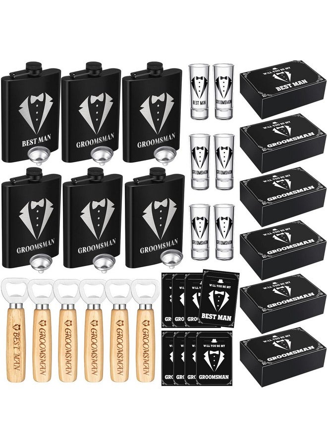 Yaomiao Yaomiao 30 Pcs Groomsmen Gift Wedding Gift, Including 6 Pcs 8 oz Groomsmen Flask 6 Wooden Bottle Opener 6 Party Favors Shot Glasses 6 Groomsmen Gift Boxes Empty 6 Proposal Cards Best Man Gift  - Image 1