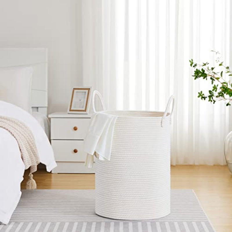 سلة غسيل كبيرة لغرفة المعيشة والحمام وغرفة النوم سلة من الحبال المنسوجة سعة 100 لتر باللون الأبيض، مثالية للبطانيات والألعاب والملابس المتسخة - Image 4
