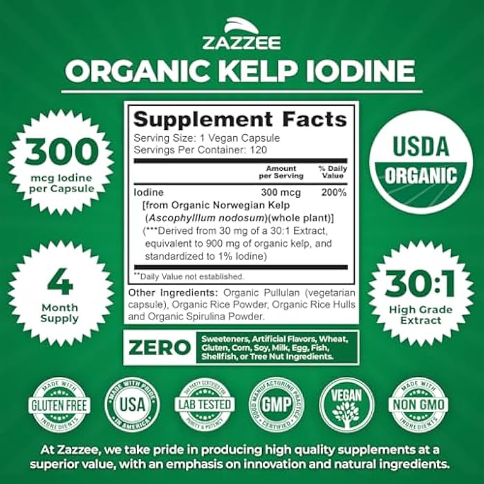 Zazzee USDA Organic Kelp Iodine 30:1 Extract, 300 mcg per Capsule, 120 Vegan Capsules, 4 Month Supply, Ocean-Harvested Norwegian Kelp, Standardized to 1% Iodine for Exact Dosage, Thyroid Support - Image 3