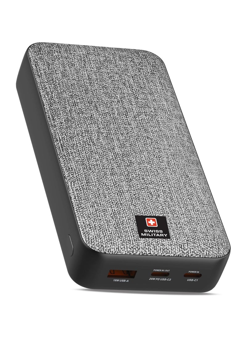 SWISS MILITARY 20000mAh Power Bank (Cable Included) - 20W PD Fast Charging, USB-C & USB-A Ports, LED Indicator, Overcharge Protection for iPhone, Samsung, iPad, Android Tablets - Grey - Image 1