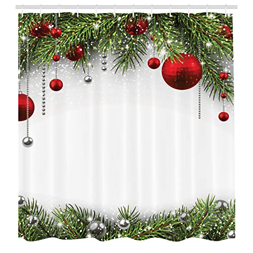 Ambesonne Christmas Shower Curtain, Holiday Season Backdrop with Pine Leaves Ball Classic Design Print, Cloth Fabric Bathroom Decor Set with Hooks, 69" W x 70" L, Green Silver White - Image 2