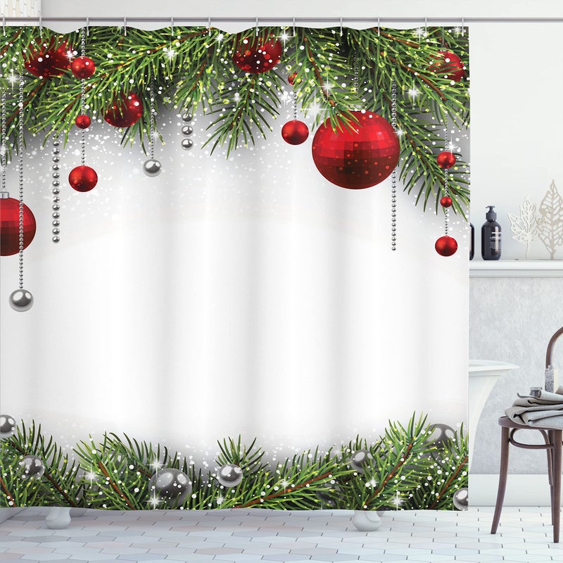Ambesonne Christmas Shower Curtain, Holiday Season Backdrop with Pine Leaves Ball Classic Design Print, Cloth Fabric Bathroom Decor Set with Hooks, 69" W x 70" L, Green Silver White - Image 5