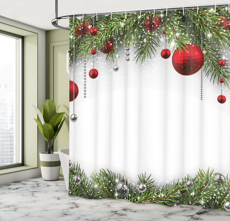 Ambesonne Christmas Shower Curtain, Holiday Season Backdrop with Pine Leaves Ball Classic Design Print, Cloth Fabric Bathroom Decor Set with Hooks, 69" W x 70" L, Green Silver White - Image 4