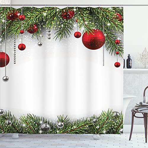 Ambesonne Christmas Shower Curtain, Holiday Season Backdrop with Pine Leaves Ball Classic Design Print, Cloth Fabric Bathroom Decor Set with Hooks, 69" W x 70" L, Green Silver White - Image 1
