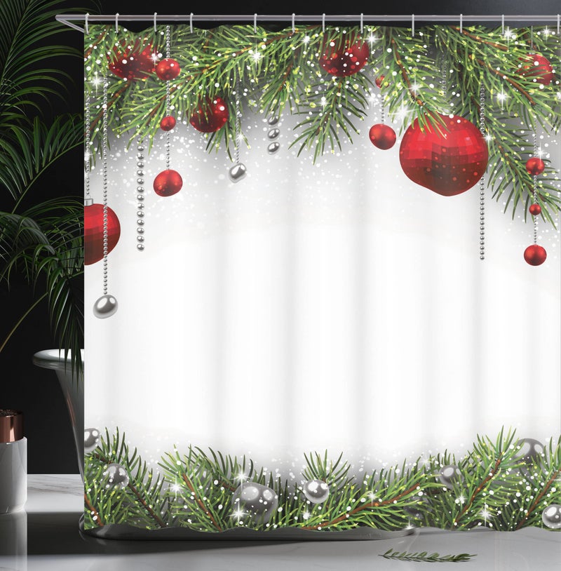 Ambesonne Christmas Shower Curtain, Holiday Season Backdrop with Pine Leaves Ball Classic Design Print, Cloth Fabric Bathroom Decor Set with Hooks, 69" W x 70" L, Green Silver White - Image 3