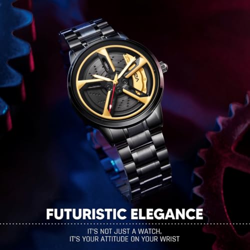 V2A Vortex Men's Car Spinning Wheels Watch for Men– Round Alloy Case with Stainless Steel Band | Analog Timepiece | Bold Sports Watch for Car Enthusiasts (Black-red) - Image 2