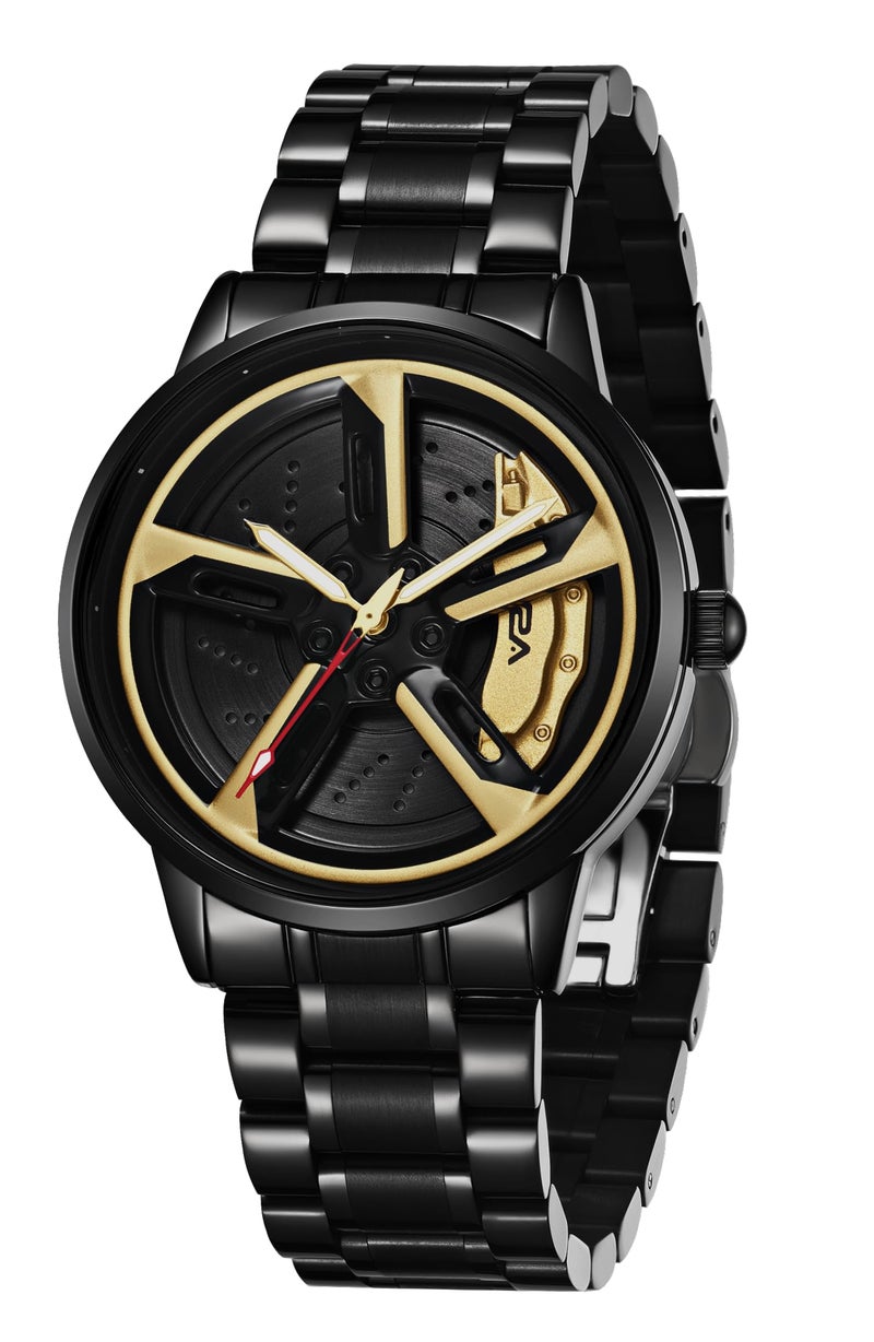 V2A Vortex Men's Car Spinning Wheels Watch for Men– Round Alloy Case with Stainless Steel Band | Analog Timepiece | Bold Sports Watch for Car Enthusiasts (Black-red) - Image 1