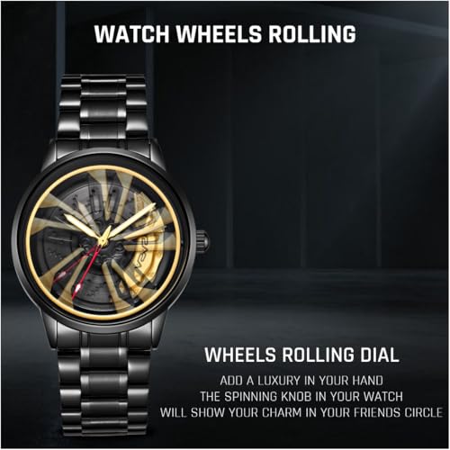 V2A Vortex Men's Car Spinning Wheels Watch for Men– Round Alloy Case with Stainless Steel Band | Analog Timepiece | Bold Sports Watch for Car Enthusiasts (Black-red) - Image 4
