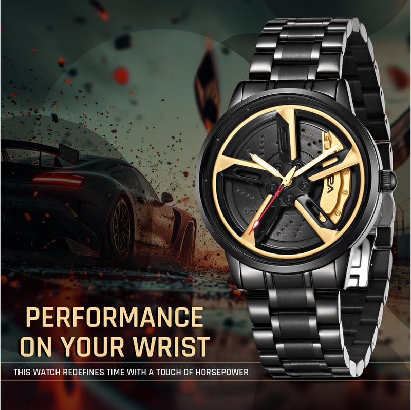 V2A Vortex Men's Car Spinning Wheels Watch for Men– Round Alloy Case with Stainless Steel Band | Analog Timepiece | Bold Sports Watch for Car Enthusiasts (Black-red) - Image 5
