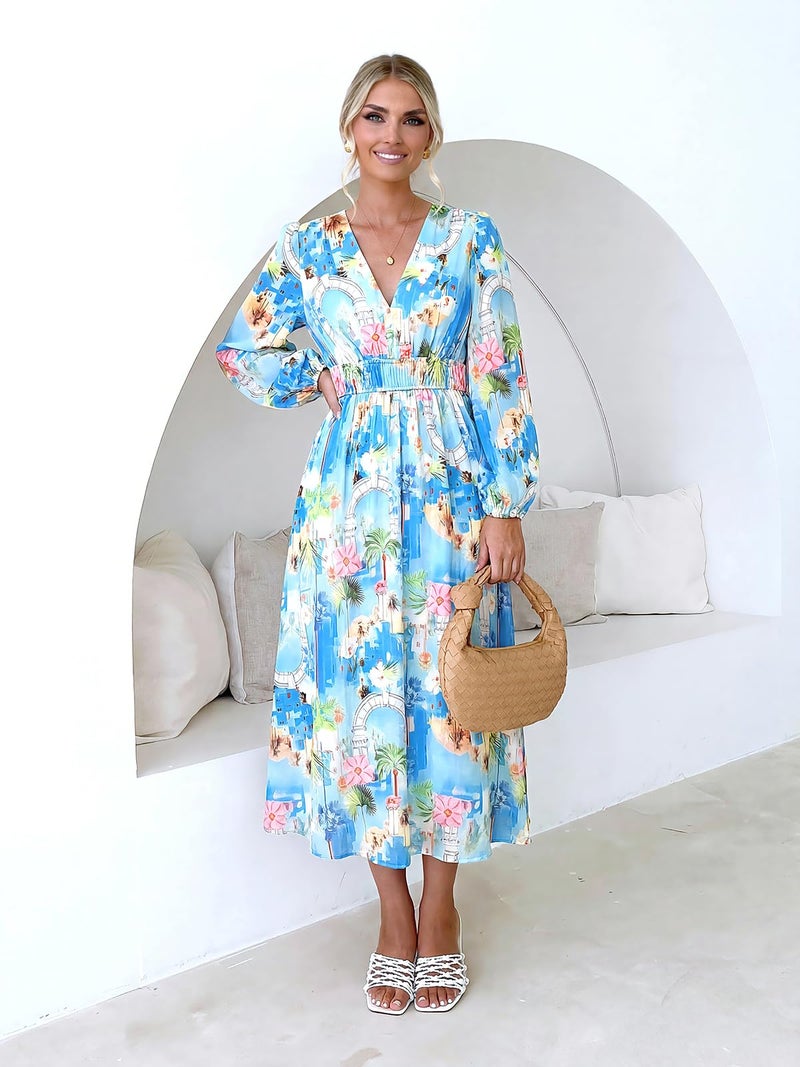 Maxigerui Women's Long Sleeve Floral Maxi Dress 2026 Spring Summer Wedding Guest Dress Blue Pink Tropical Print M - Image 2