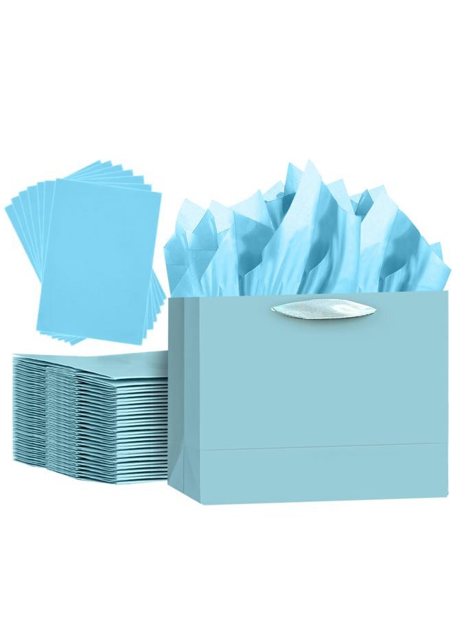 qiqee 5PCS Lake Blue Gift Bags with Ribbon Handles 9.6"x7.9"x4.3" Medium Size Gift Bags (10PCS Tissue Paper included, Medium Wide) - Image 1