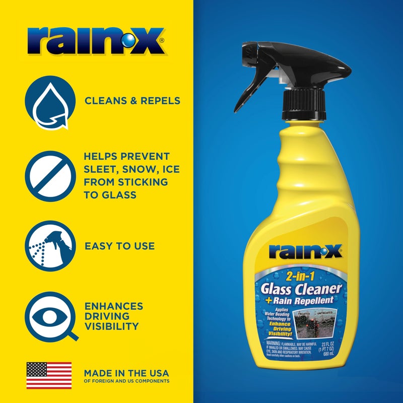 Rain-X 5071268-2 2-in-1 Glass Cleaner and Rain Repellant, 23 oz. (Pack of 2) - Provides a Streak-Free Clean for Automotive Glass While Preventing Sleet, Snow, Ice, and Road Spray Build Up - Image 1