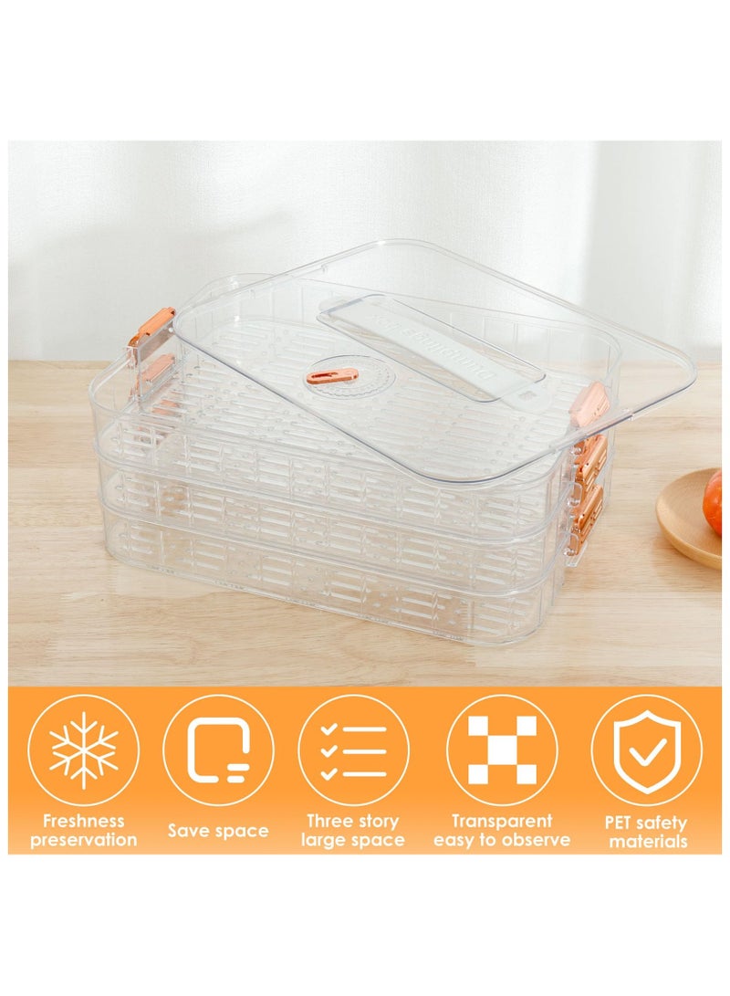 SYOSI Deli Meat Container, 3 Layer Bacon Storage Container, Time Recording Refrigerator Food Organizer Box with Snaps, Stackable Non Stick Airtight Keeper for Meat Bacon Dumpling Bread Fish Vegetable - Image 3