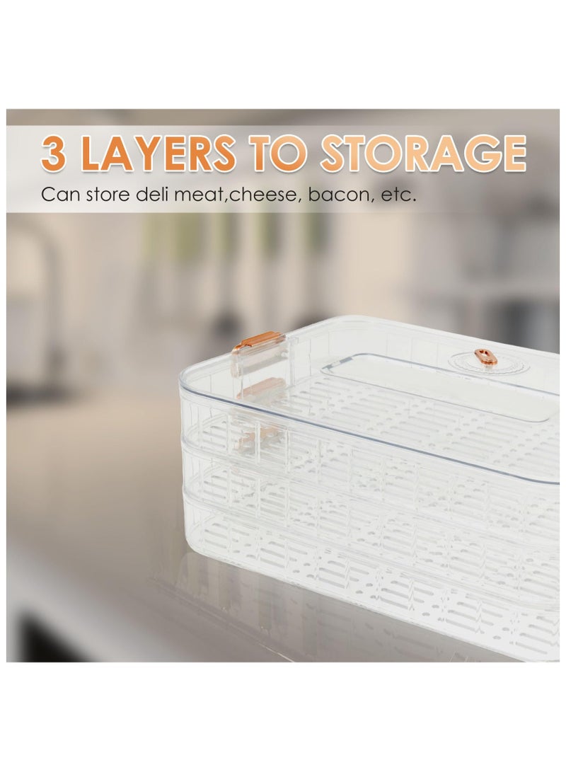 SYOSI Deli Meat Container, 3 Layer Bacon Storage Container, Time Recording Refrigerator Food Organizer Box with Snaps, Stackable Non Stick Airtight Keeper for Meat Bacon Dumpling Bread Fish Vegetable - Image 2