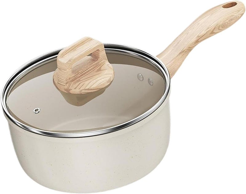 Milk Pan Sauce Pot with Long Handle Multipurpose Non Stick Small Saucepan Soup Pot for Stovetops Hotels Induction Camping, 16cm with Glass Lid - Image 1