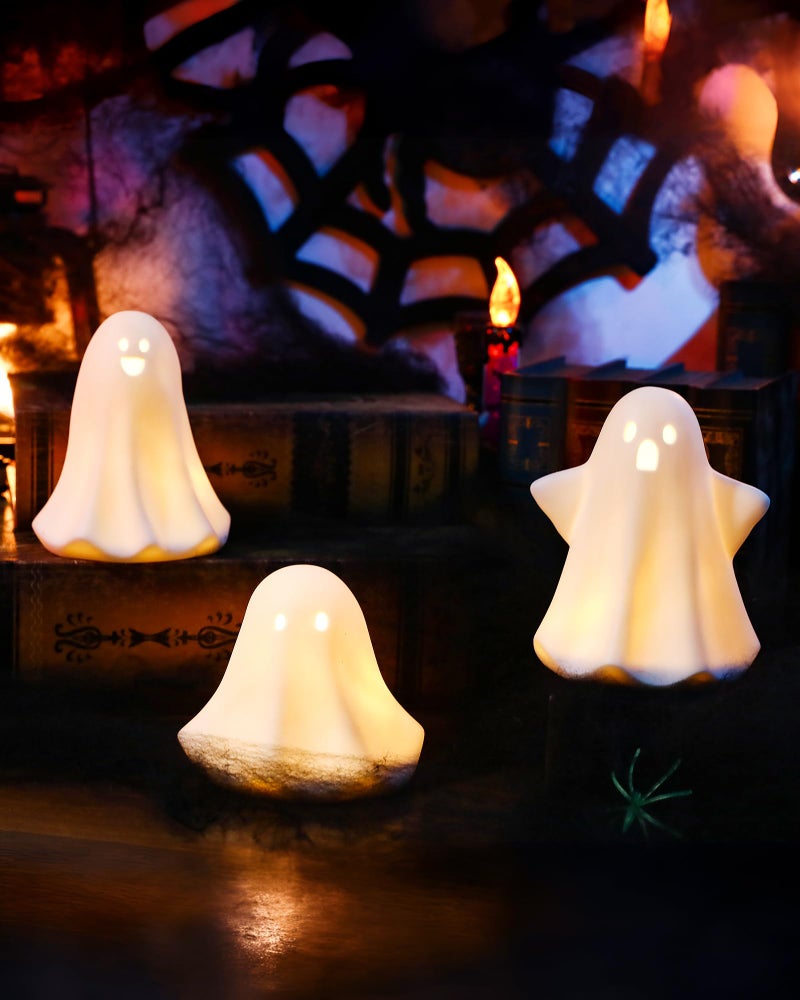 AOMOONOA Ceramic Ghosts Small White Ghost Figurine, 3PCS Light Up Ghost Decor, Small LED Ghost Halloween Decor Spooky Sculptures for Indoor Halloween Party Tabletop Home Shelf Decoration - Image 1