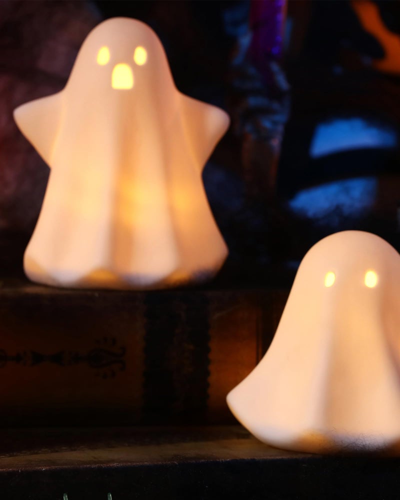 AOMOONOA Ceramic Ghosts Small White Ghost Figurine, 3PCS Light Up Ghost Decor, Small LED Ghost Halloween Decor Spooky Sculptures for Indoor Halloween Party Tabletop Home Shelf Decoration - Image 4