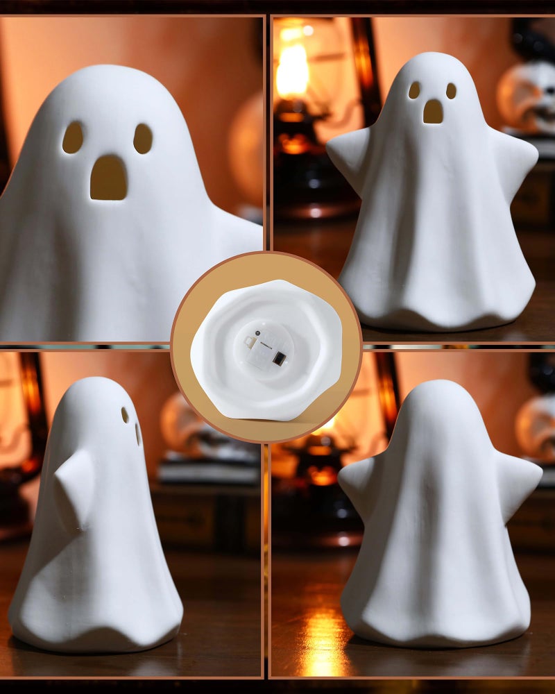 AOMOONOA Ceramic Ghosts Small White Ghost Figurine, 3PCS Light Up Ghost Decor, Small LED Ghost Halloween Decor Spooky Sculptures for Indoor Halloween Party Tabletop Home Shelf Decoration - Image 5