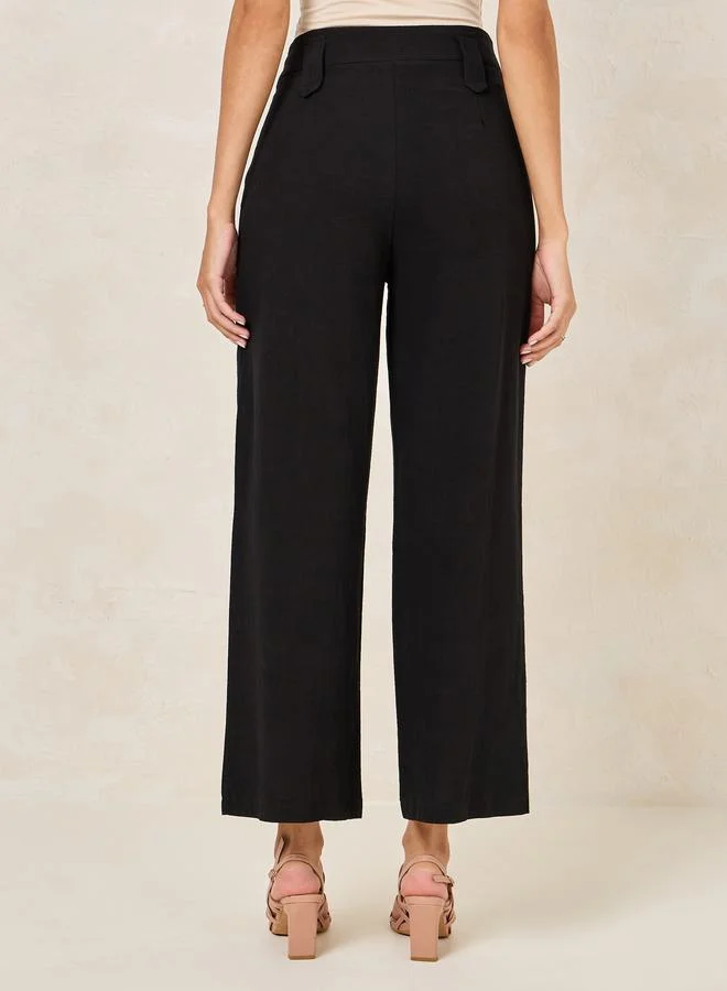 Styli Linen Look Wide Leg Pants with Button Detail