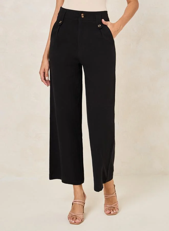 Styli Linen Look Wide Leg Pants with Button Detail