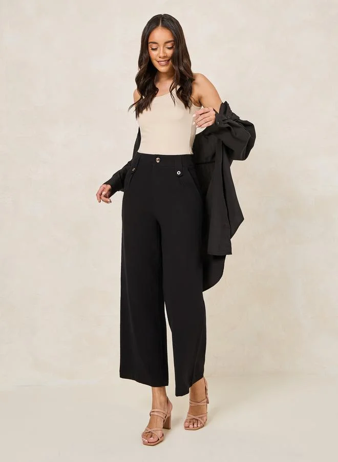 Styli Linen Look Wide Leg Pants with Button Detail