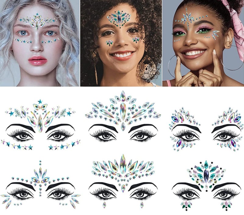 YHmall 6 Sets Mermaid Face Jewels Rhinestone Face Gems Stick on Halloween Cosplay Party Carnival Festival Crystals Temporary Tattoos - Image 2