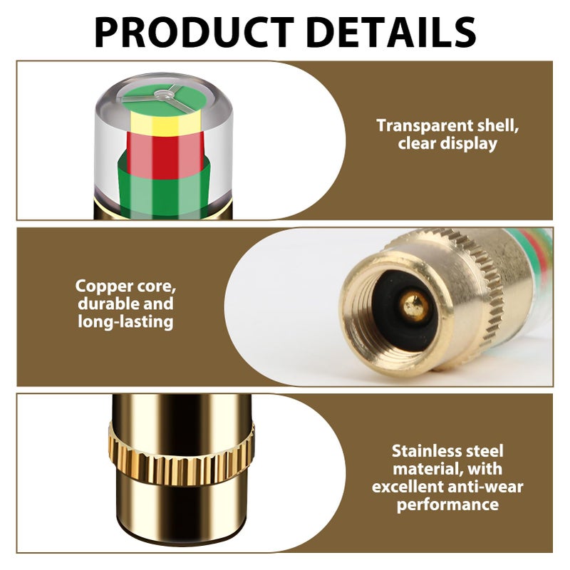 KAKUPPA Tire Pressure Monitor Caps, 2.4Bar 36PSI Valve Stem Caps with 3 Color Alert, Universal Tire Pressure Sensor Indicator for Cars, Smart Tire Pressure Caps (Gold 12pcs) - Image 4