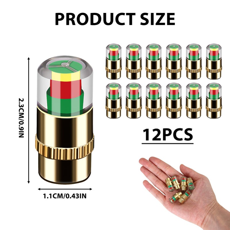 KAKUPPA Tire Pressure Monitor Caps, 2.4Bar 36PSI Valve Stem Caps with 3 Color Alert, Universal Tire Pressure Sensor Indicator for Cars, Smart Tire Pressure Caps (Gold 12pcs) - Image 5