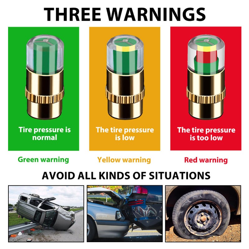KAKUPPA Tire Pressure Monitor Caps, 2.4Bar 36PSI Valve Stem Caps with 3 Color Alert, Universal Tire Pressure Sensor Indicator for Cars, Smart Tire Pressure Caps (Gold 12pcs) - Image 2