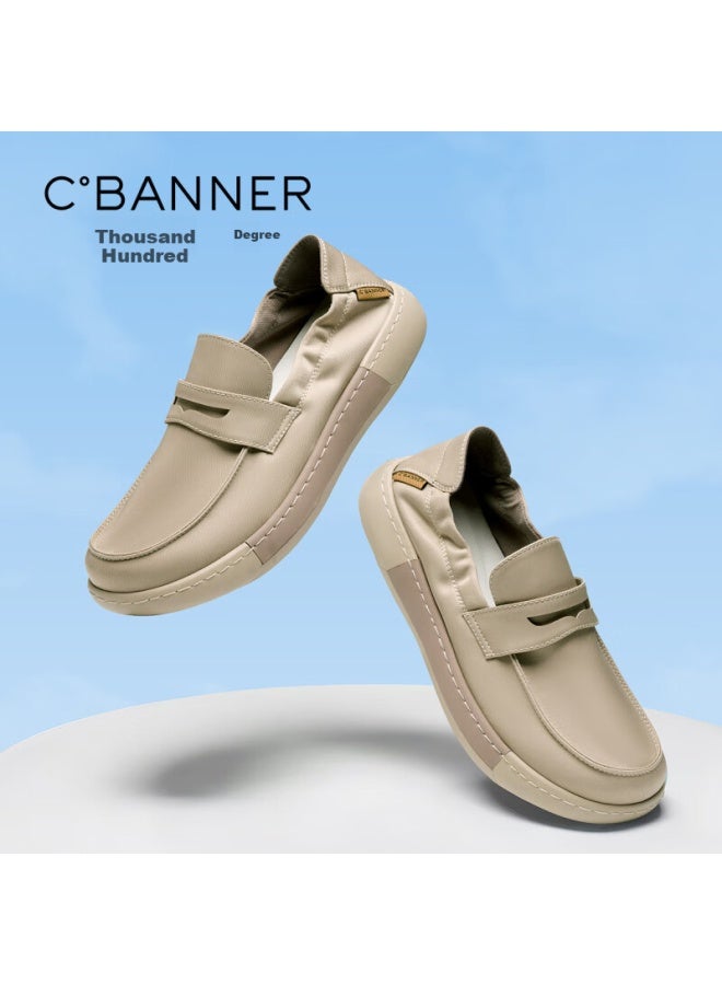 C.BANNER Qianbai Du Lightweight Casual Men's Slip-on Shoes, Retro Loafers, Comfortable Work Shoes, Comfortable Canvas Shoes, Sand Color, Size 38 - Image 1