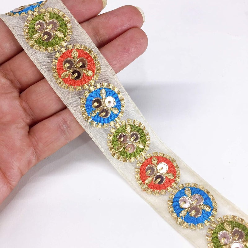 Lami 9 Meters Turquoise Parsi Resham Round Design Embroidery Border with Sequin & Golden Jari/Zari Lace Fancy Ribbon, Parsi Ghara Trims, Designer Indian Trimmings, Lace Bridal Lehenga Anarkali Lace - Image 1