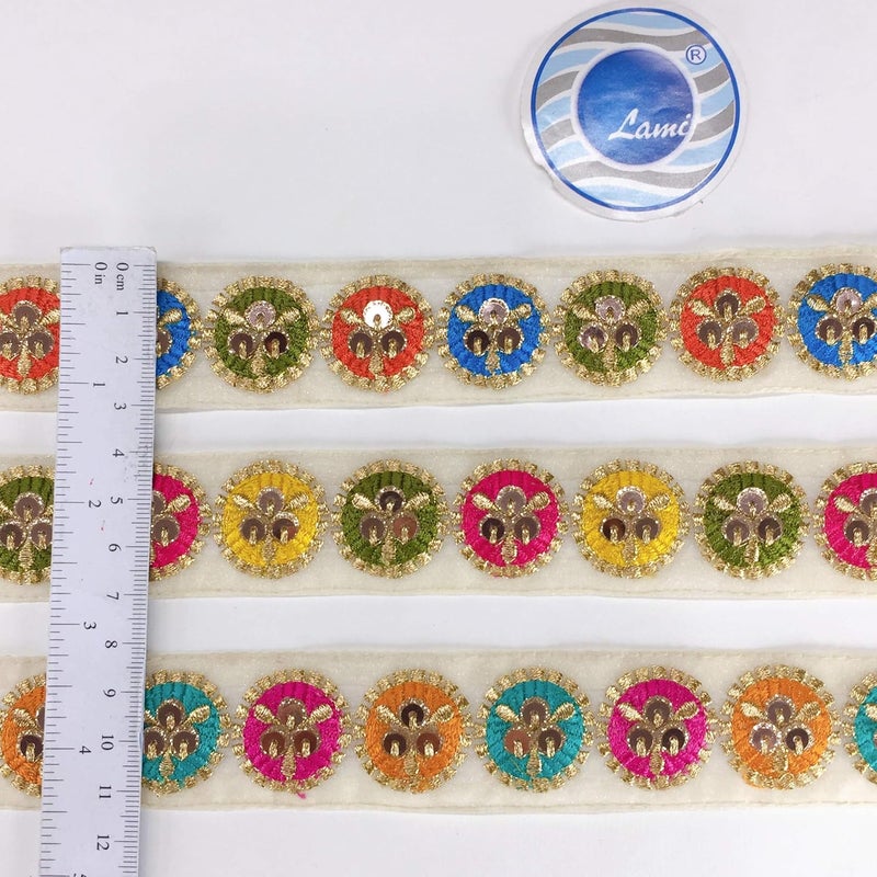 Lami 9 Meters Turquoise Parsi Resham Round Design Embroidery Border with Sequin & Golden Jari/Zari Lace Fancy Ribbon, Parsi Ghara Trims, Designer Indian Trimmings, Lace Bridal Lehenga Anarkali Lace - Image 4