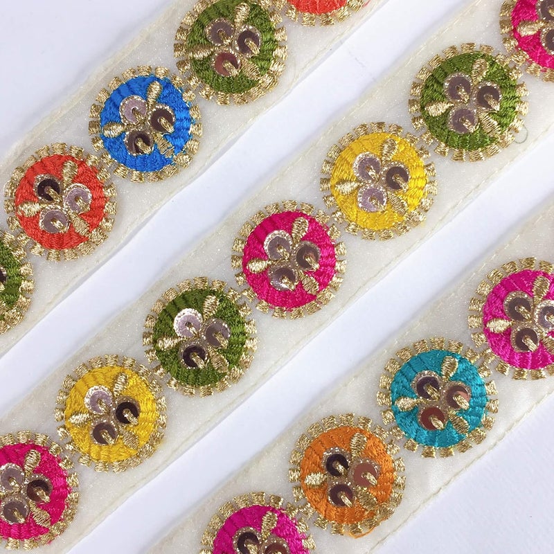 Lami 9 Meters Turquoise Parsi Resham Round Design Embroidery Border with Sequin & Golden Jari/Zari Lace Fancy Ribbon, Parsi Ghara Trims, Designer Indian Trimmings, Lace Bridal Lehenga Anarkali Lace - Image 3