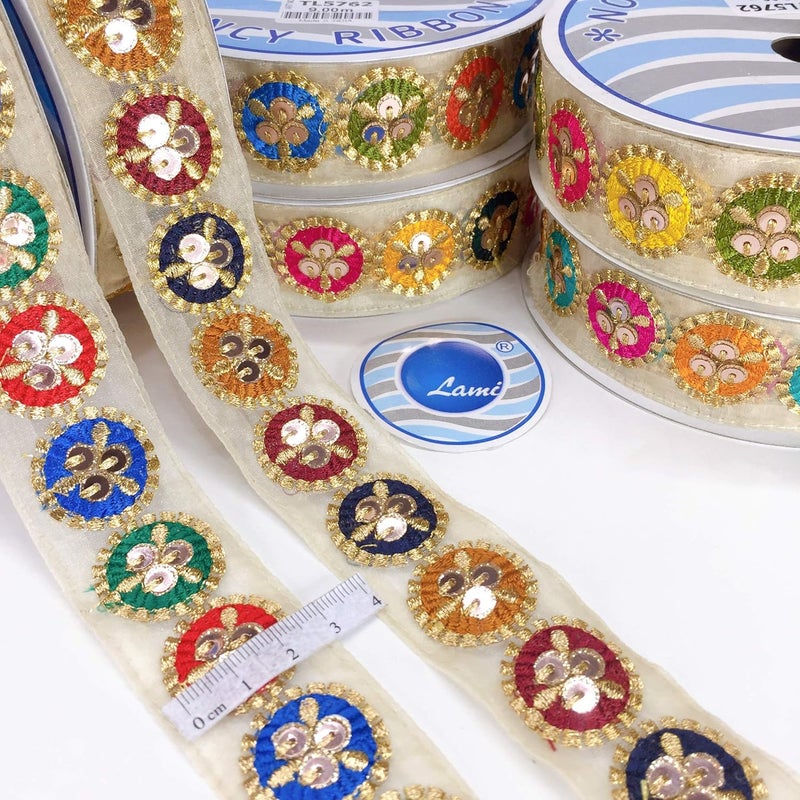 Lami 9 Meters Turquoise Parsi Resham Round Design Embroidery Border with Sequin & Golden Jari/Zari Lace Fancy Ribbon, Parsi Ghara Trims, Designer Indian Trimmings, Lace Bridal Lehenga Anarkali Lace - Image 2