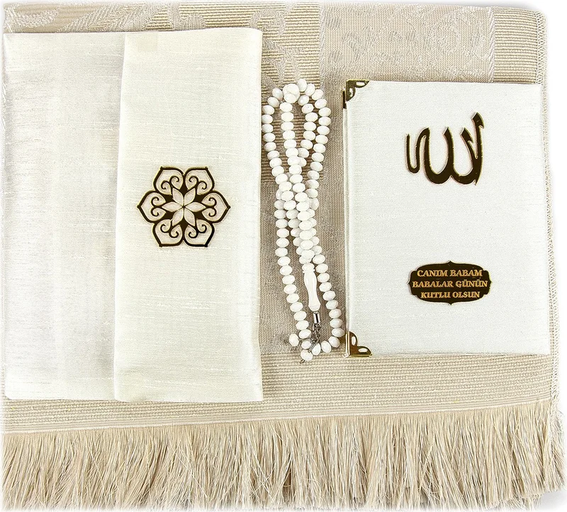 ايهفان Ihvan Father's Day Special Name Printed Fabric Covered Yasin Book Set with Prayer Mat, Rosary and Pouch - White Color