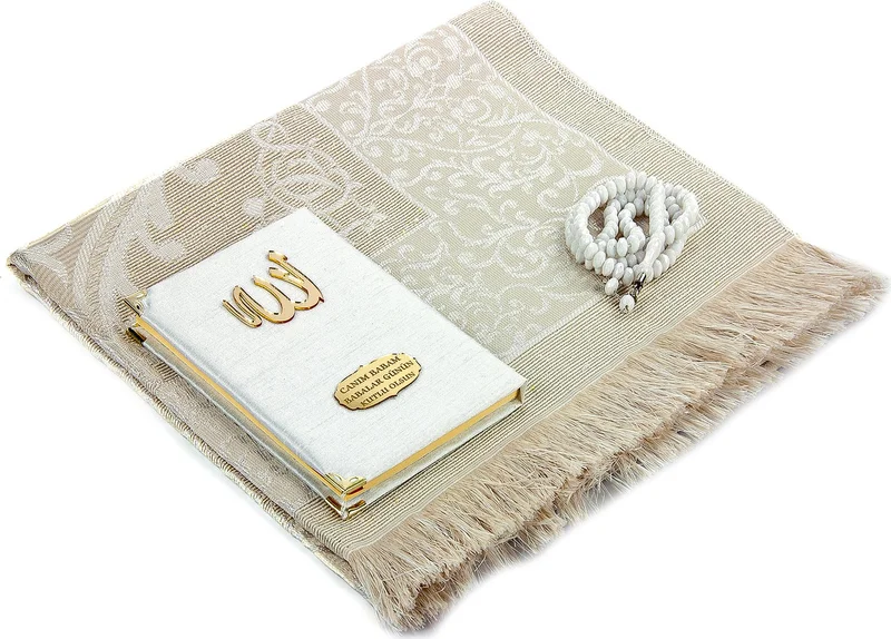 ايهفان Ihvan Father's Day Special Name Printed Fabric Covered Yasin Book Set with Prayer Mat, Rosary and Pouch - White Color