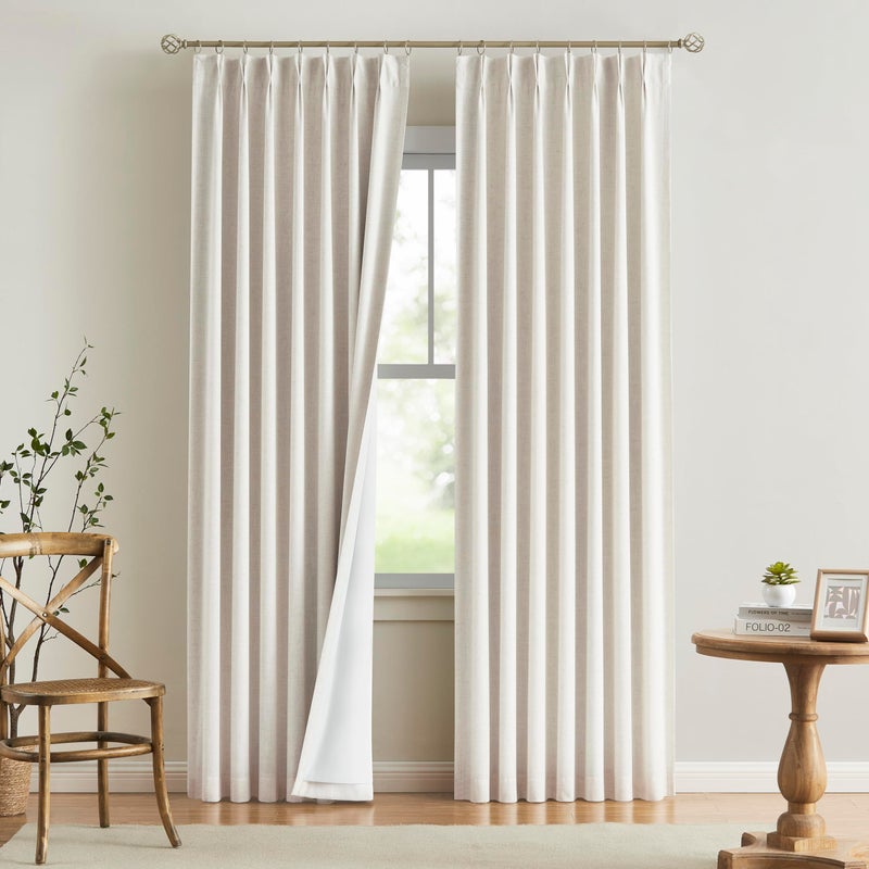 Vision Home Natural Pinch Pleated Full Blackout Curtains Linen Blended Room Darkening Window Curtains 63 inch for Living Room Bedroom Thermal Insulated Pinch Pleat Drapes with Hooks 2 Panel 40"Wx63"L - Image 1