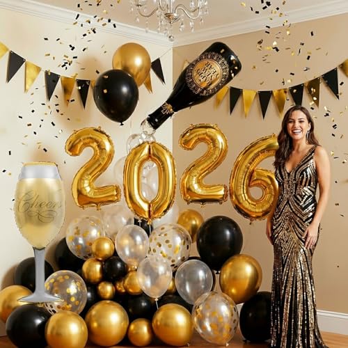 kozee Happy New Year Eve Party Decoration Supplies 2026 New Years Eve Black and Gold Balloon Garland Arch Kit Champagne bottles and glasses and 2026 Foil Balloon - Image 5