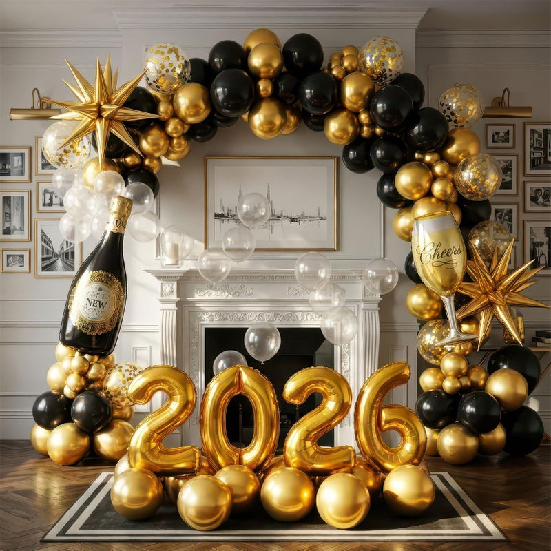 kozee Happy New Year Eve Party Decoration Supplies 2026 New Years Eve Black and Gold Balloon Garland Arch Kit Champagne bottles and glasses and 2026 Foil Balloon - Image 3