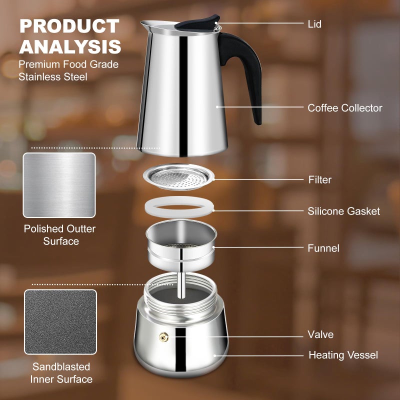 DITOSH 2 Cup Stovetop Espresso Maker Stainless Steel Moka Pot Stove Top Percolator Italian Coffee Makers Capable Mocha Greca Machine Cafe Classic Induction Cookers for Home and Camping 100ml 3.3oz - Image 4