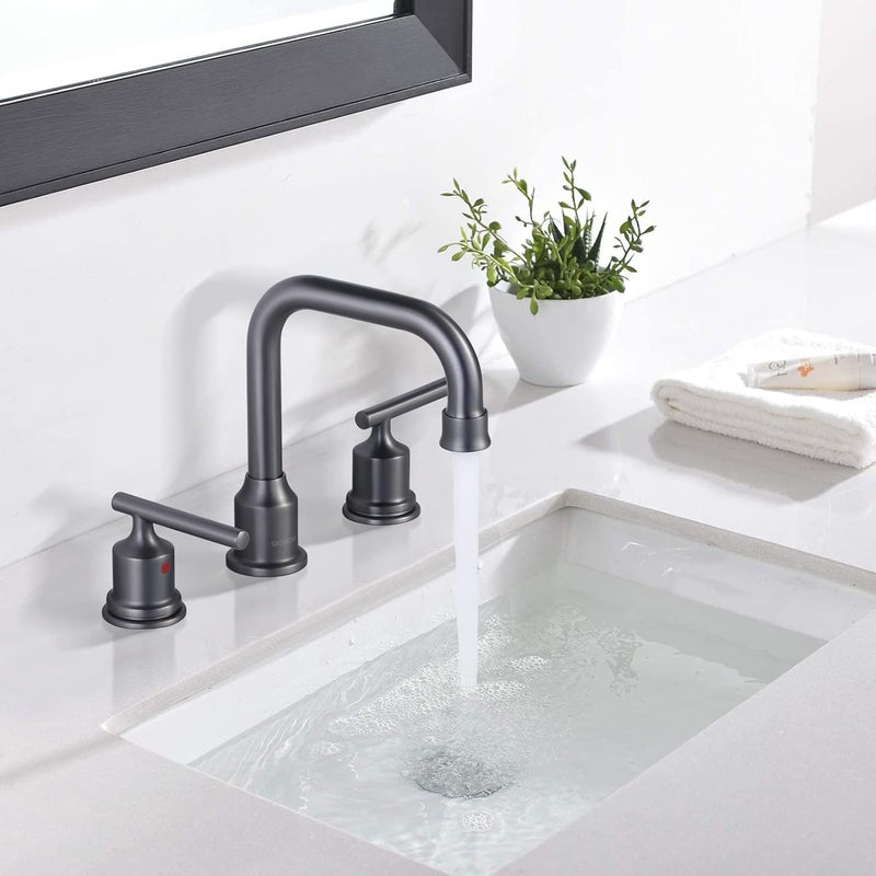 WOWOW Widespread Bathroom Faucet Brass Bathroom Sink Faucet Dark Grey Vanity Tap 3 Hole with Drain and Supply Lines, 2 Handle Basin Mixer Taps 3 Pieces - Image 2