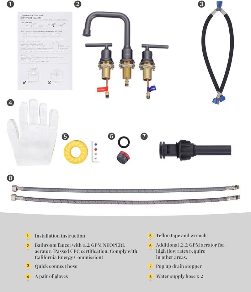 WOWOW Widespread Bathroom Faucet Brass Bathroom Sink Faucet Dark Grey Vanity Tap 3 Hole with Drain and Supply Lines, 2 Handle Basin Mixer Taps 3 Pieces - Image 5
