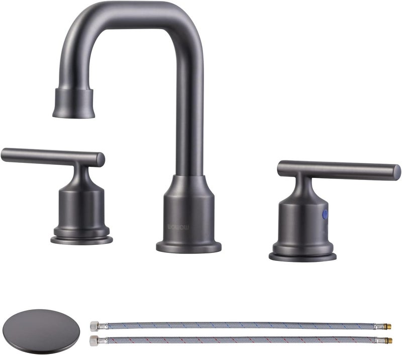 WOWOW Widespread Bathroom Faucet Brass Bathroom Sink Faucet Dark Grey Vanity Tap 3 Hole with Drain and Supply Lines, 2 Handle Basin Mixer Taps 3 Pieces - Image 1