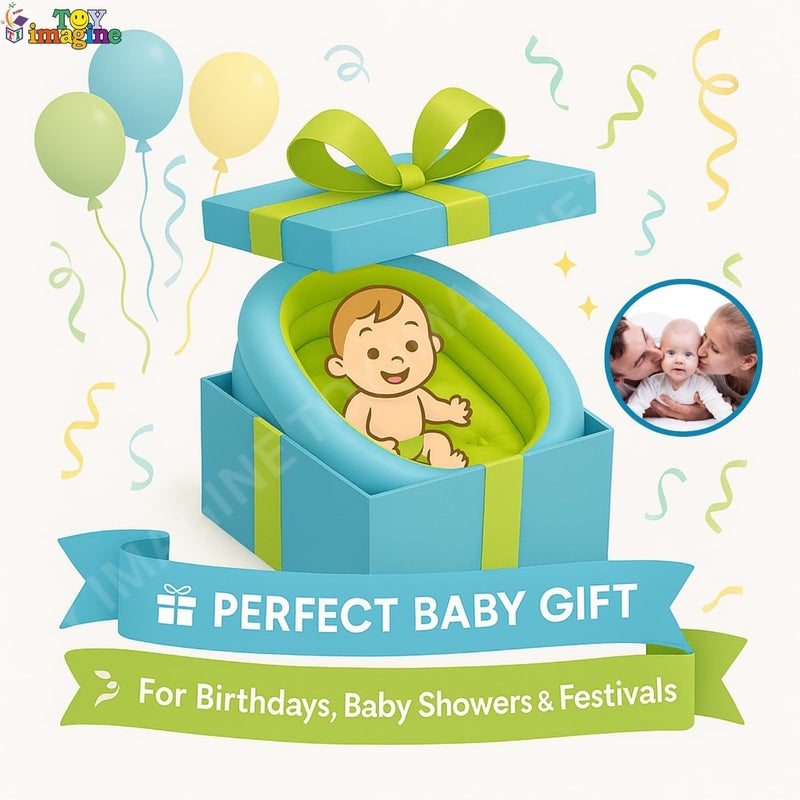 Toy Imagine حمام أطفال قابل للنفخ - شكل بيضاوي، مسبح قابل للطي للأطفال، الأولاد والبنات، للاستخدام الداخلي والخارجي مع مضخة يدويّة (86 × 64 × 23 سم، أزرق) - Image 4