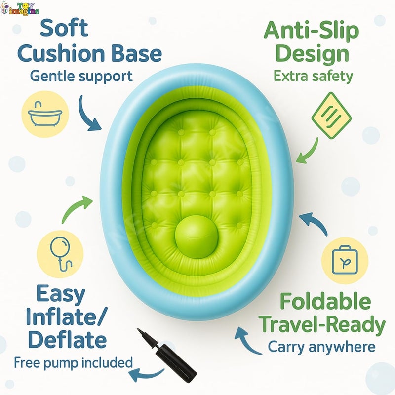 Toy Imagine حمام أطفال قابل للنفخ - شكل بيضاوي، مسبح قابل للطي للأطفال، الأولاد والبنات، للاستخدام الداخلي والخارجي مع مضخة يدويّة (86 × 64 × 23 سم، أزرق) - Image 5